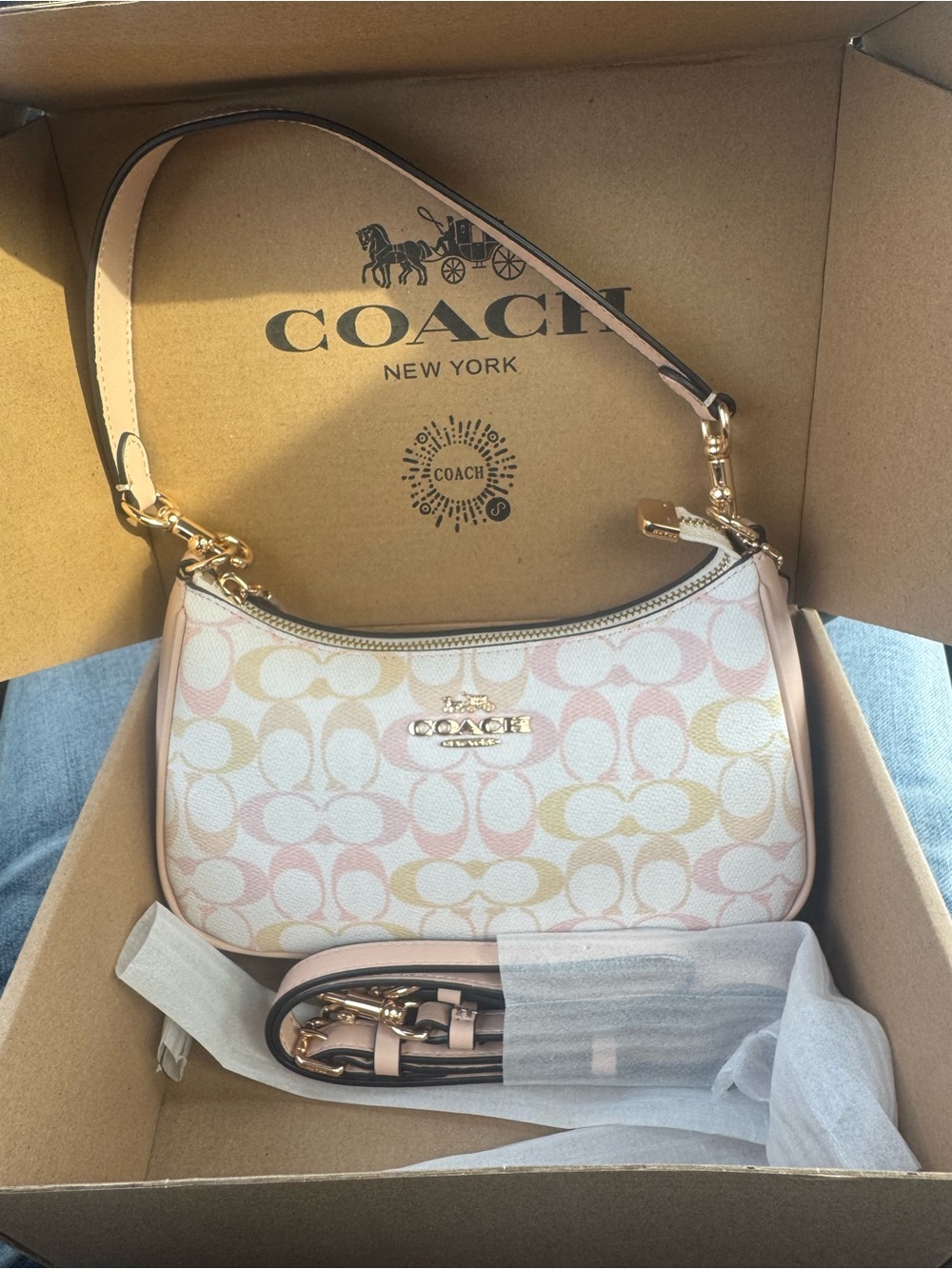 Coach Signature Canvas Shoulder Bag in Pink and Cream with Gold Hardware